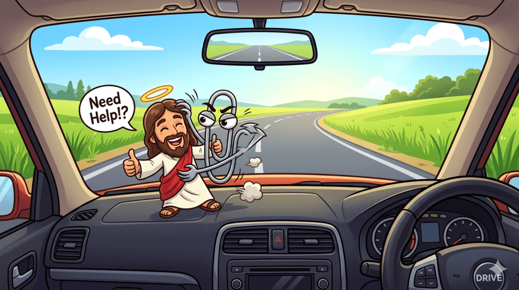 A Gemini created cartoon image
From the perspective of a driver inside a right hand drive car, show a Jesus "car buddy" figurine sitting on the dashboard giving a thumbs up, as the car is being driven down an empty wide open road. The sky is clear and there is green grass on either side.
Jesus is being attacked by clippy, the microsoft office helper