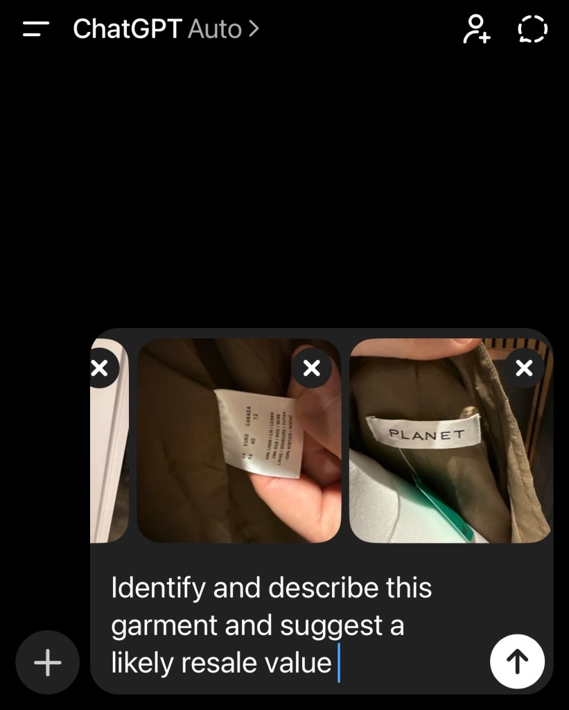 ChatGPT prompt showing photos of a garment and asking the AI to figure out what it is and a price
